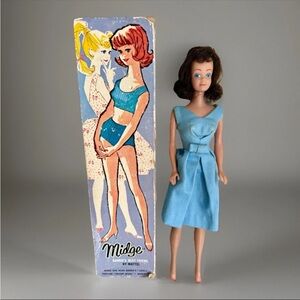 Vintage 860 BRUNETTE MIDGE DOLL w/BOX Blue Dress Bulging Eyes Barbie Mattel 1962